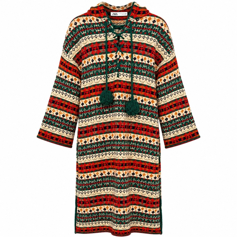 Zara Fair Isle Wool Blend Hooded Poncho Womens Size S/M Cottagecore Granola Girl